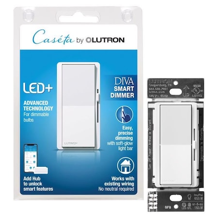 Lutron Caseta Diva White 150 W Toggle Smart-Enabled Dimmer Switch 1 pk DVRF-6L-WH-R